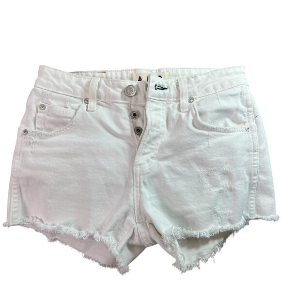 AMO Babe Cutoff Denim Jean Shorts in Sea Salt White $118 Button Fly Size 24 - Picture 1 of 9